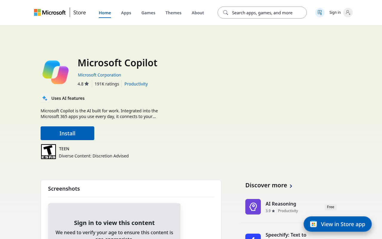Microsoft Store 官方 Microsoft Copilot 页面