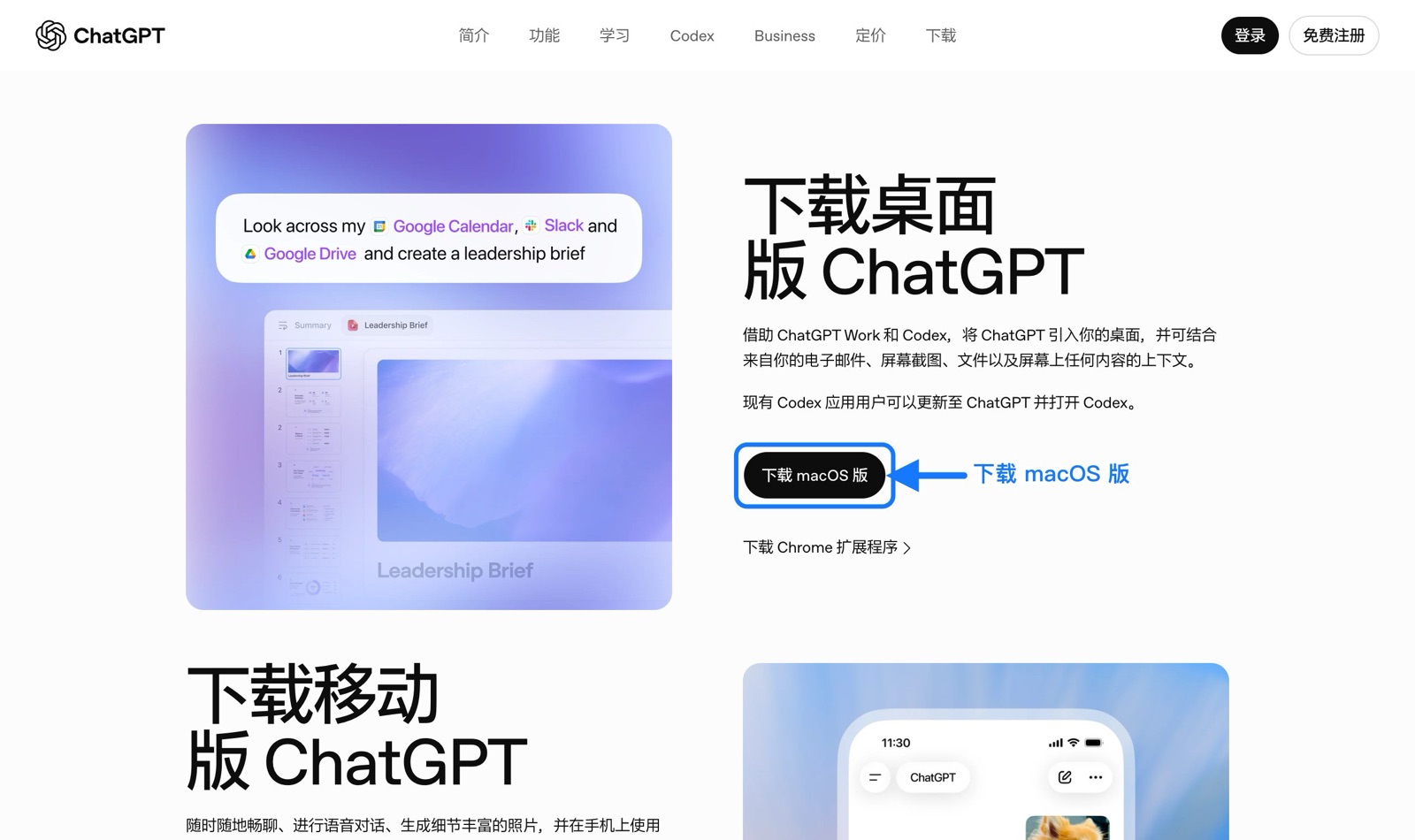 ChatGPT 官方下载页箭头指向下载 macOS 版