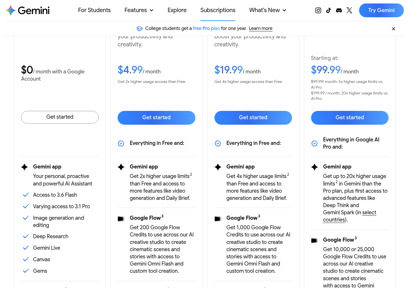 Google AI 订阅套餐页 Free / Plus / Pro / Ultra