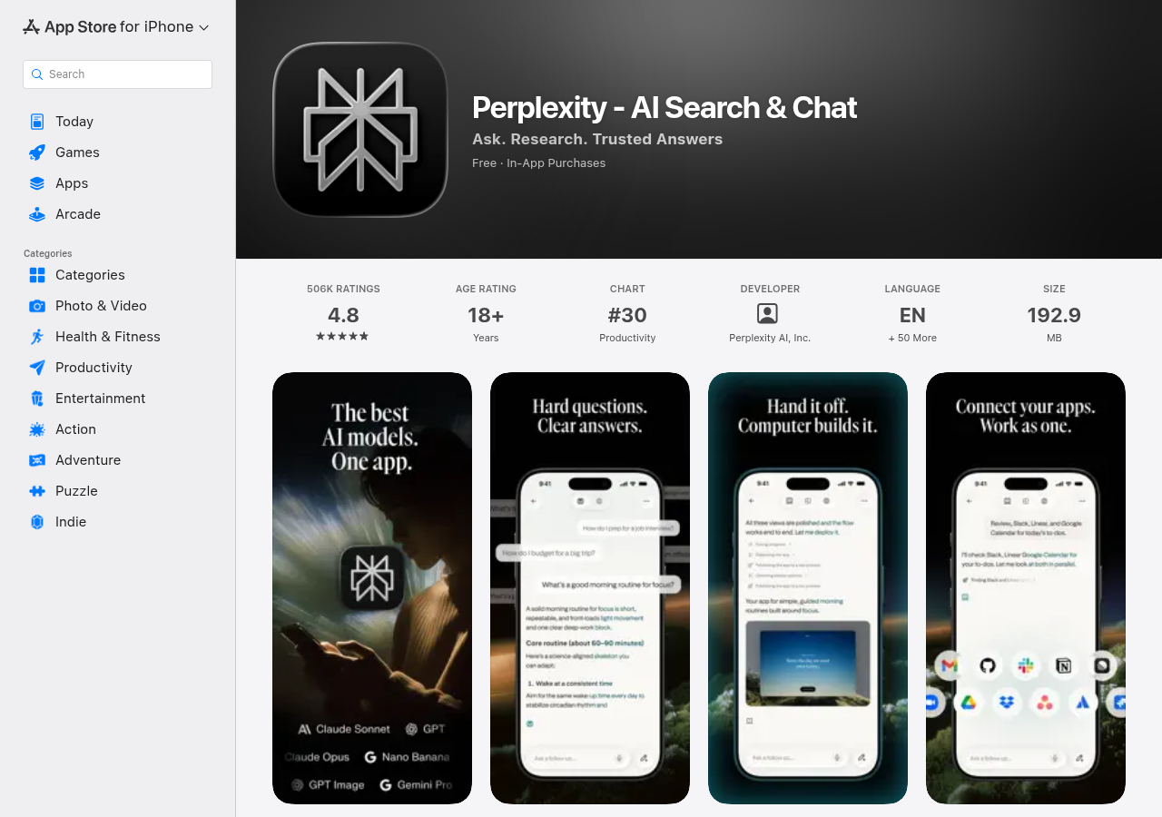 App Store 中的 Perplexity 应用