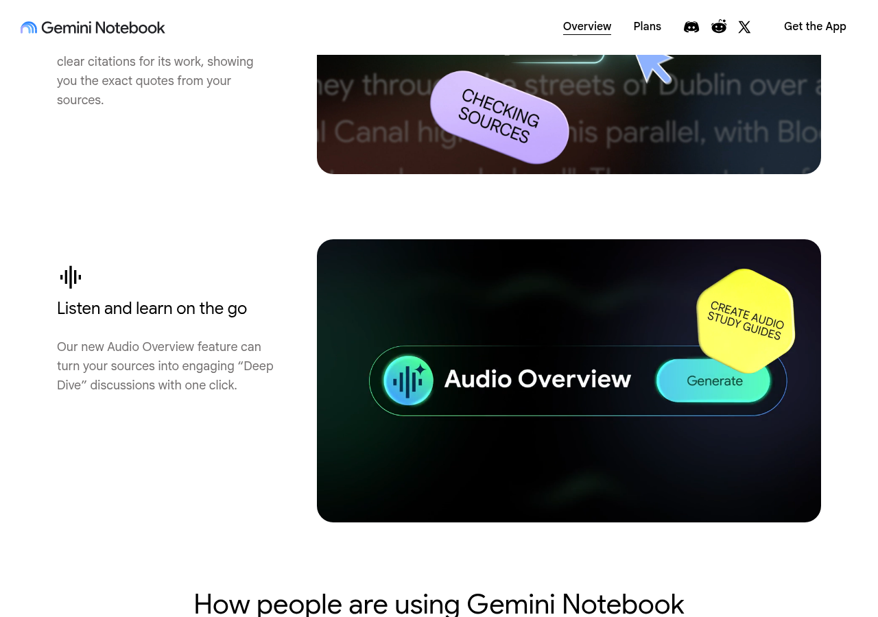 Gemini Notebook 官网功能示意（含 Audio Overview）