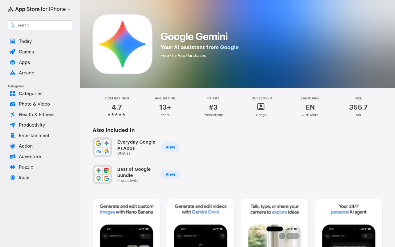 App Store 官方 Google Gemini 页面